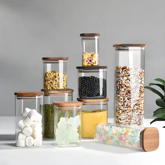 Advanced square glass jar with rosewood lid