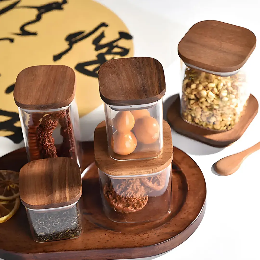 Advanced square glass jar with rosewood lid